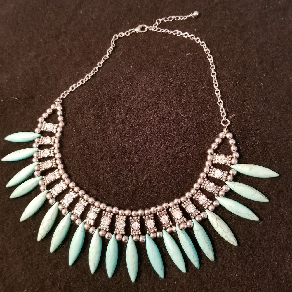 Turquoise and Rhinestone Silver Statement Necklace